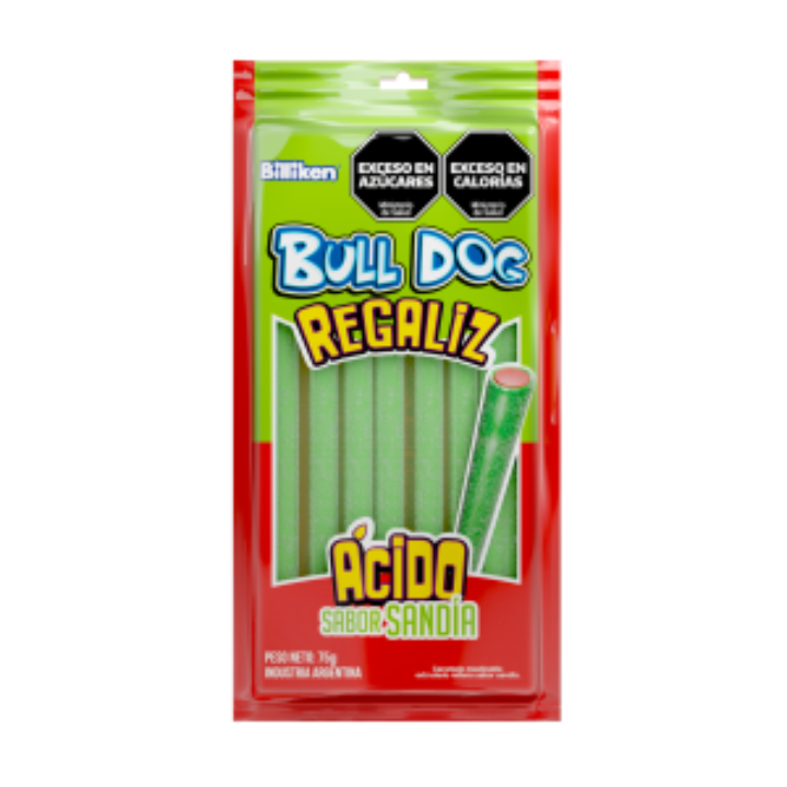 Regaliz Bull Dog Sandía x 75 gr. Goma ácida en formato de cable.