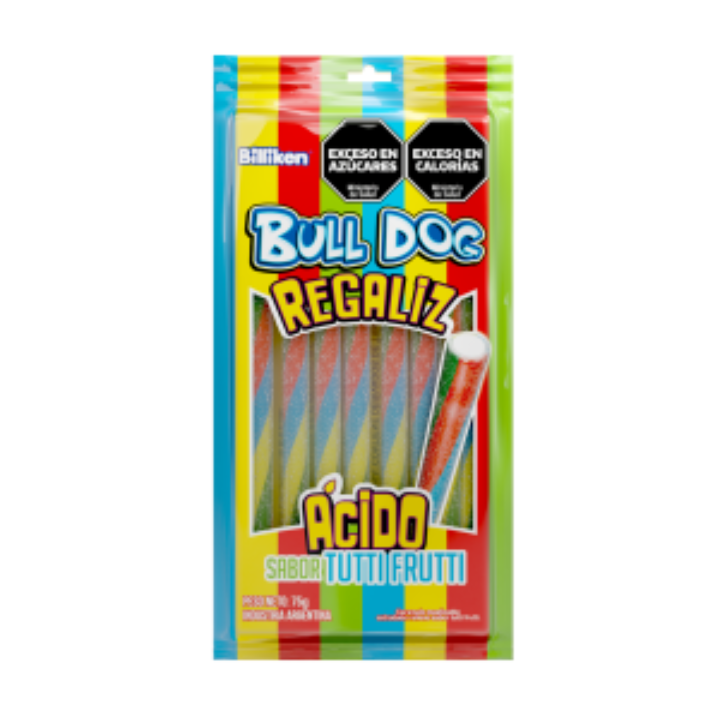 Regaliz Bull Dog Tutti Frutti x 75 gr. Goma ácida en formato de cable.